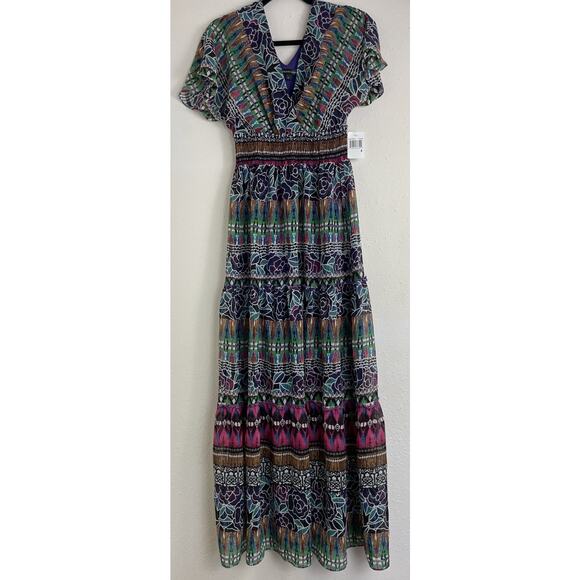 Chris McLaughlin Size 4 Boho Maxi Dress Multicolor Tribal Floral Print V Neck - Picture 1 of 13